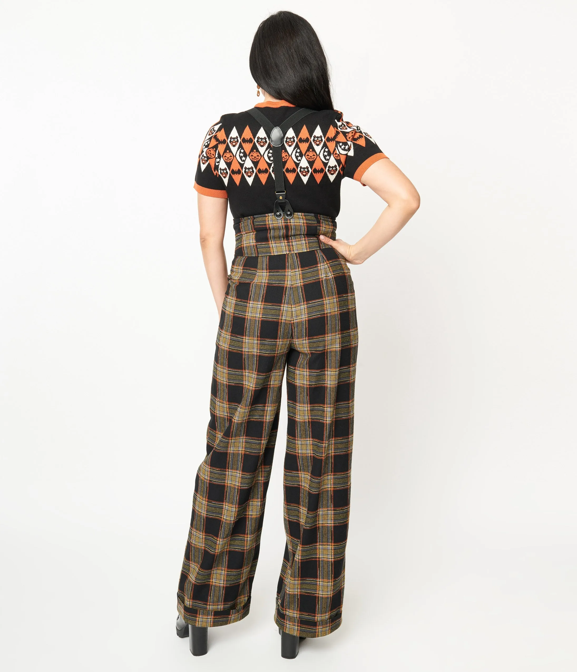 Unique Vintage 1930s Black & Orange Plaid Thelma Suspender Pants