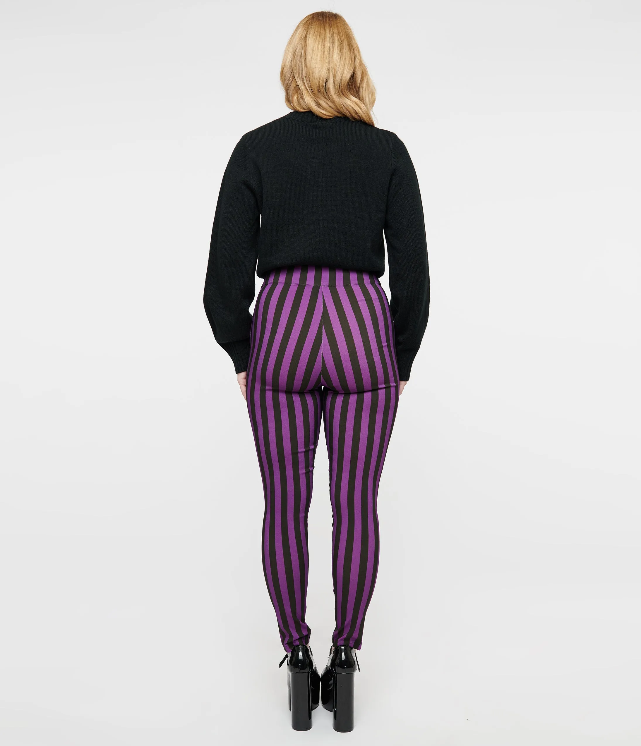 Unique Vintage 1960s Black & Purple Stripe High Waist Cigarette Pants