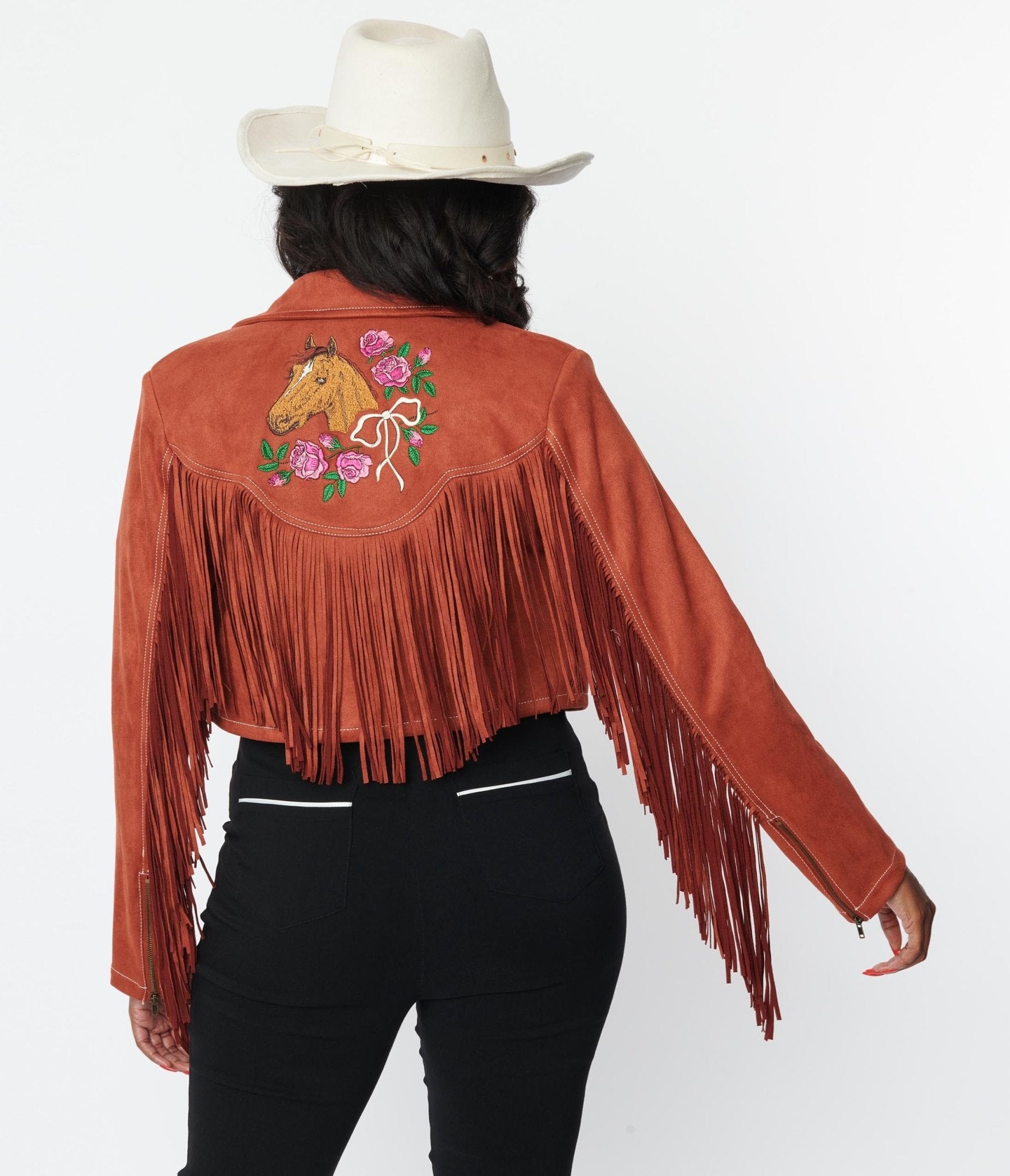 Unique Vintage 1970s Rust Suede & Embroidered Horse Cattle Call Jacket