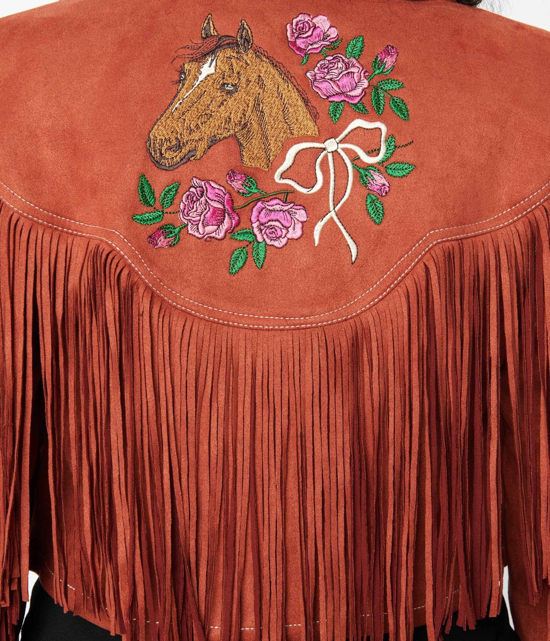 Unique Vintage 1970s Rust Suede & Embroidered Horse Cattle Call Jacket