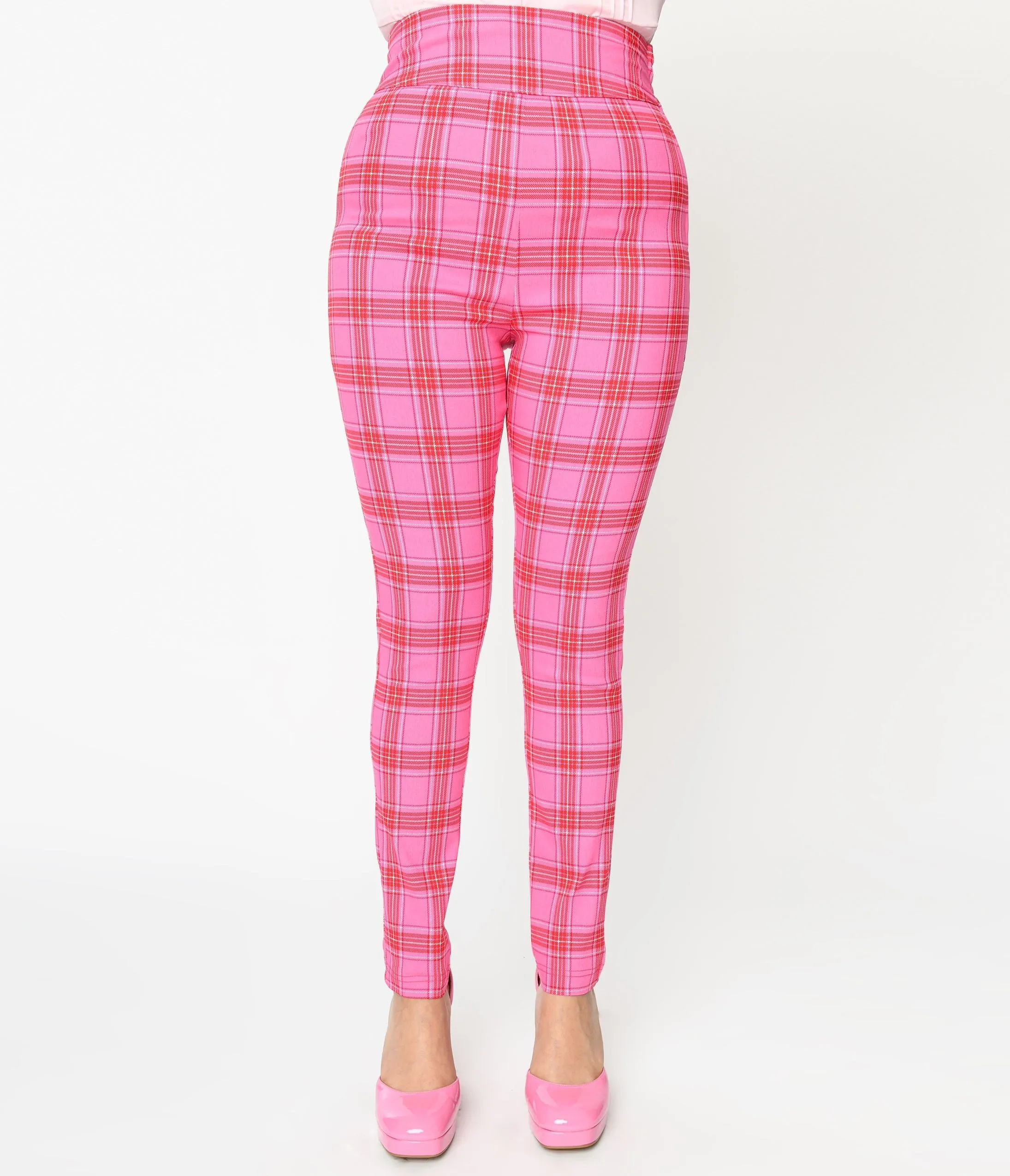 Unique Vintage Pink & Red Plaid High Waist Cigarette Pants