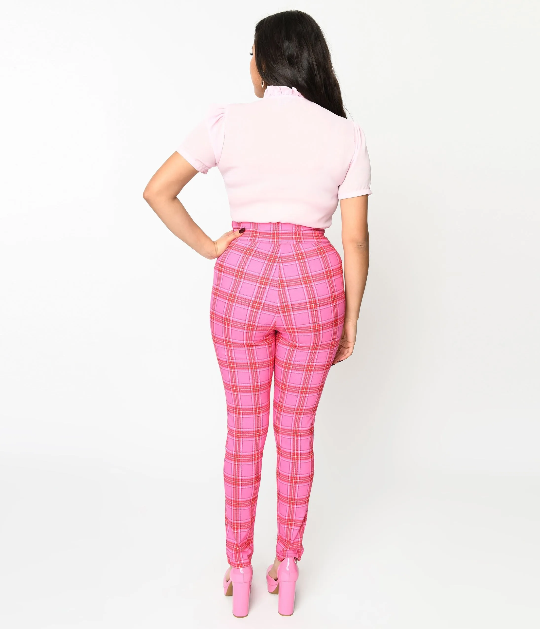 Unique Vintage Pink & Red Plaid High Waist Cigarette Pants