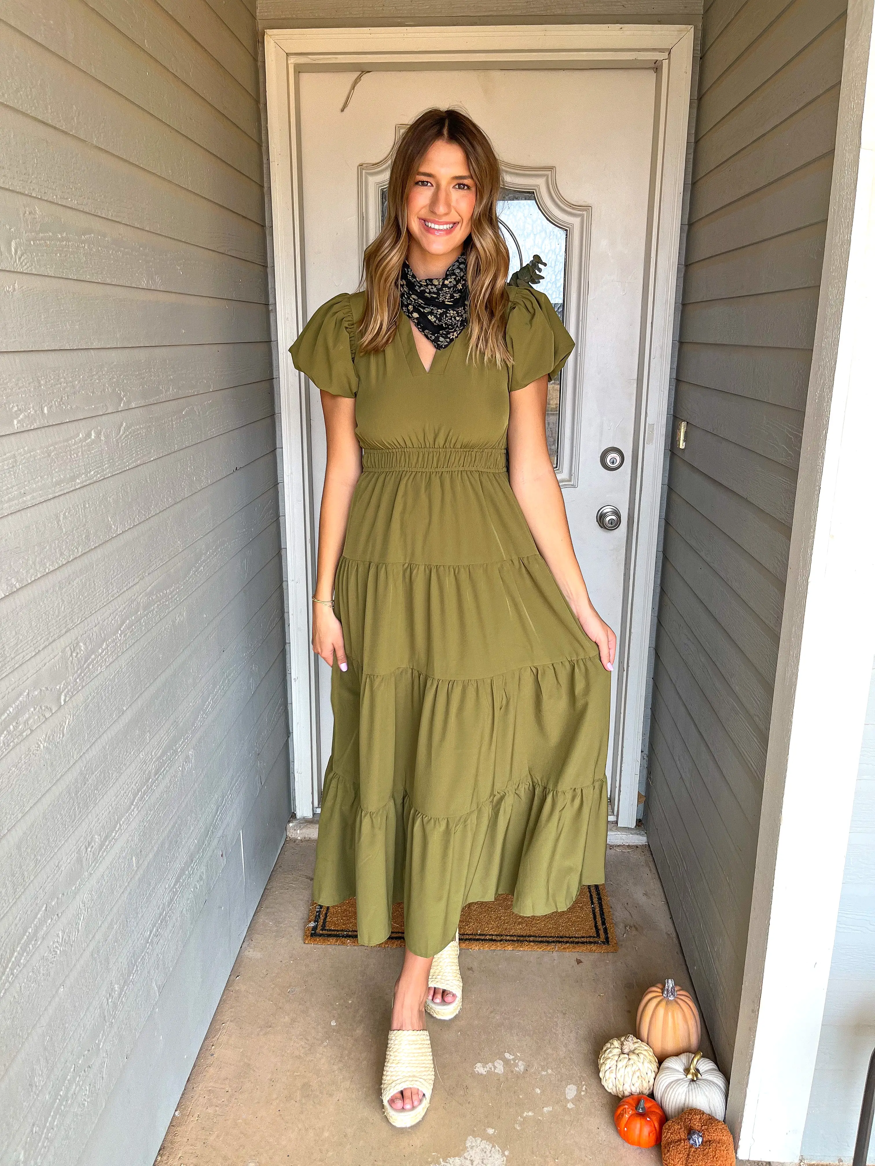 V-Neck Bubble Sleeve Tiered Midi Dress - Martini Olive