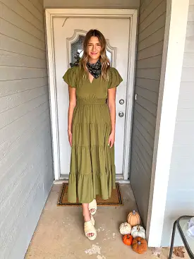 V-Neck Bubble Sleeve Tiered Midi Dress - Martini Olive