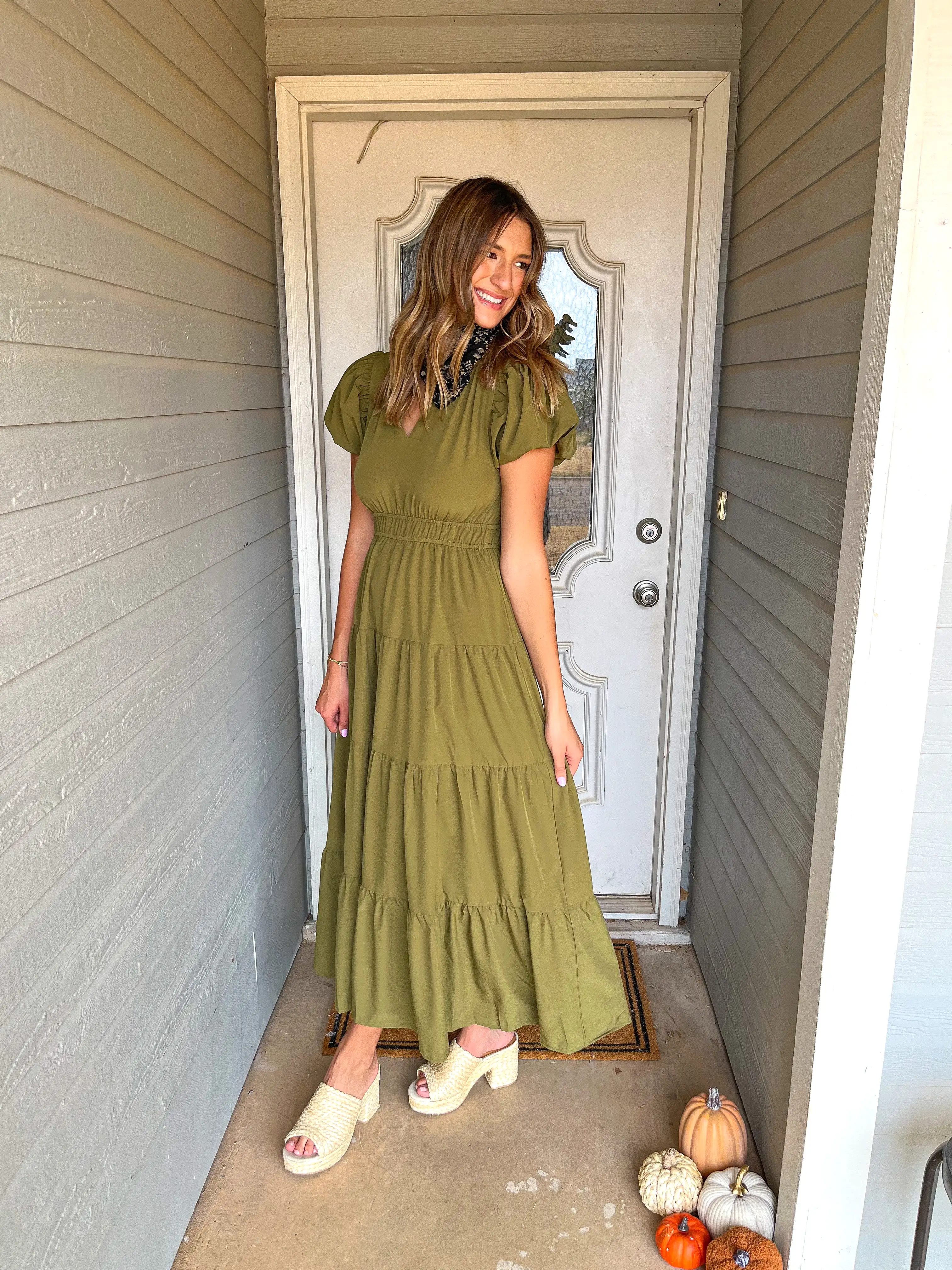 V-Neck Bubble Sleeve Tiered Midi Dress - Martini Olive