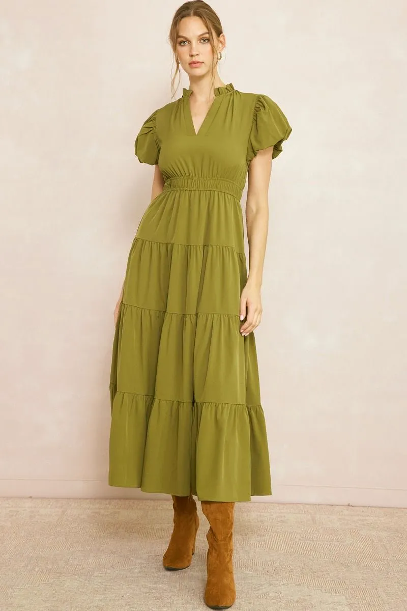 V-Neck Bubble Sleeve Tiered Midi Dress - Martini Olive