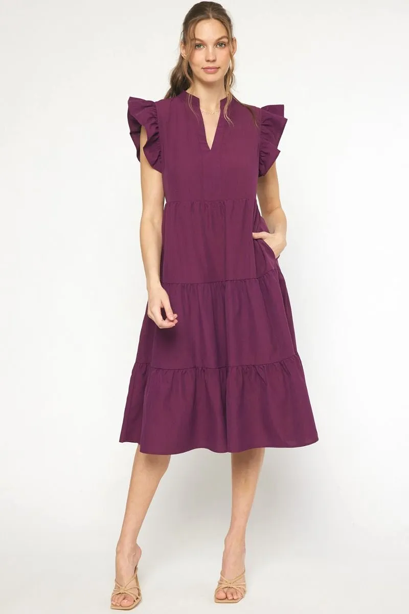 V-Neck Ruffle Sleeve Tiered Midi Dress