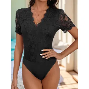 V-Neck Short Sleeve Lace Bodysuit