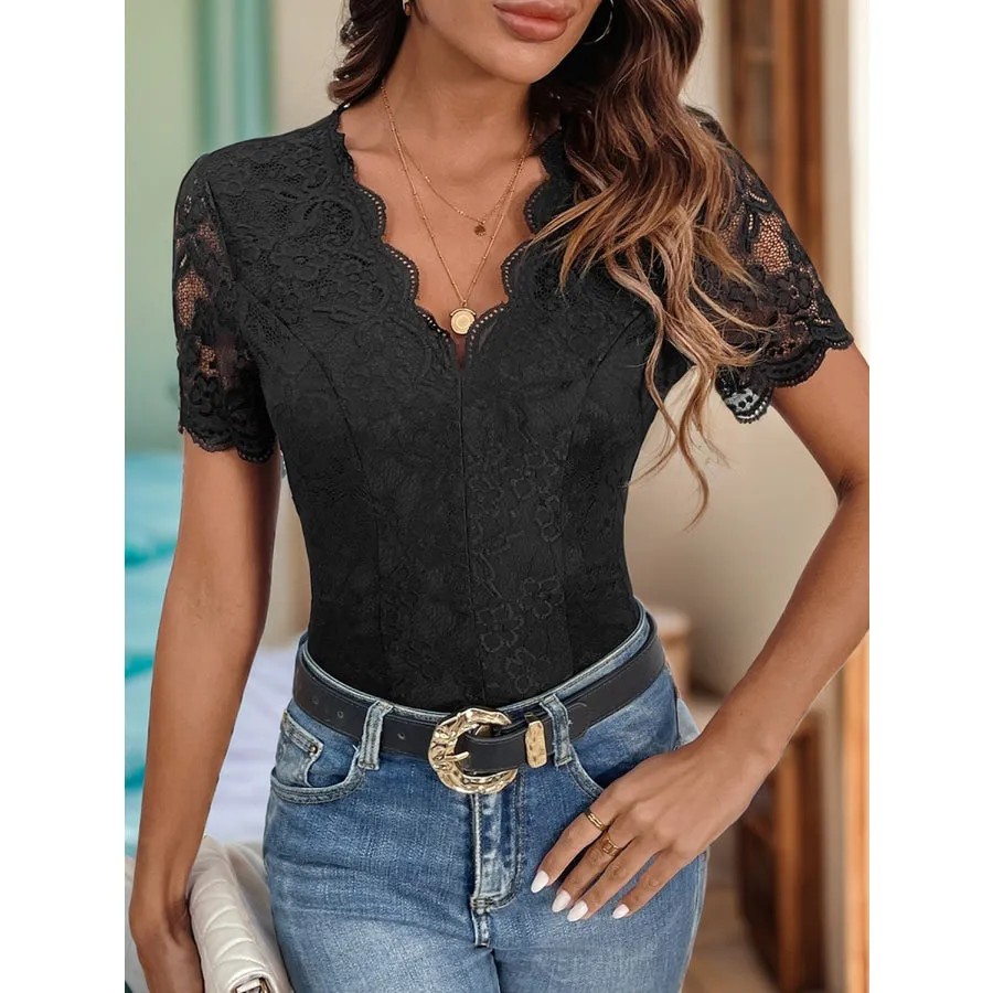 V-Neck Short Sleeve Lace Bodysuit