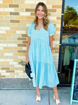 V-Neck Striped Tiered Midi Dress- Mint