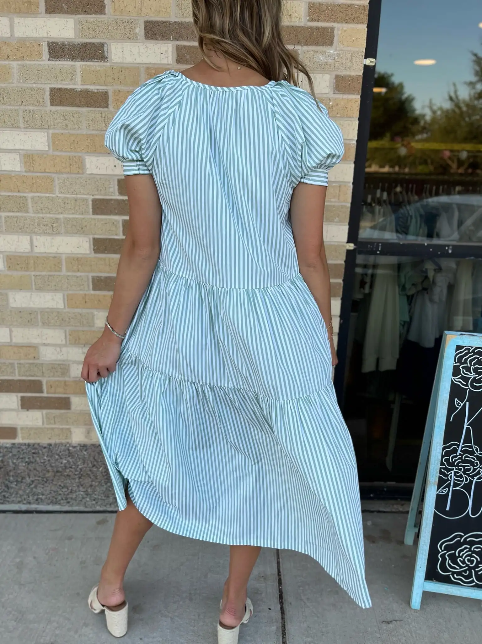 V-Neck Striped Tiered Midi Dress- Mint