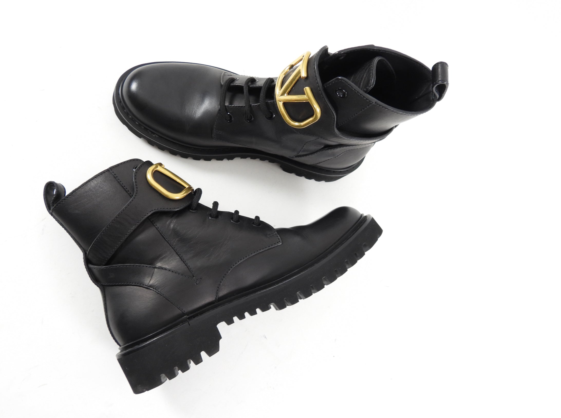 Valentino Black Leather V Logo Combat Ankle Boots - 39