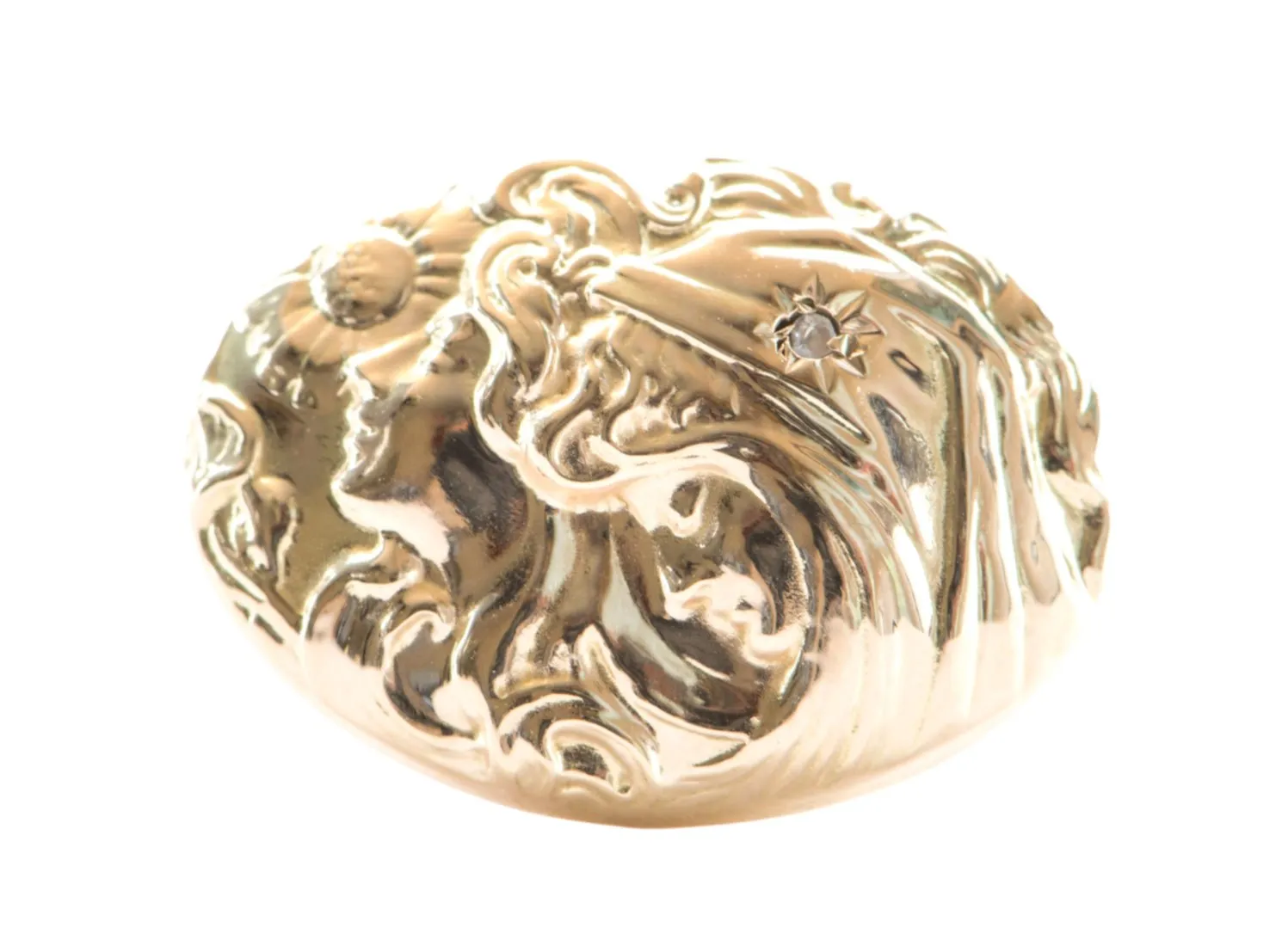 Victorian Art Nouveau Woman Face Diamond Repousse Ring 14K Yellow Gold R6280