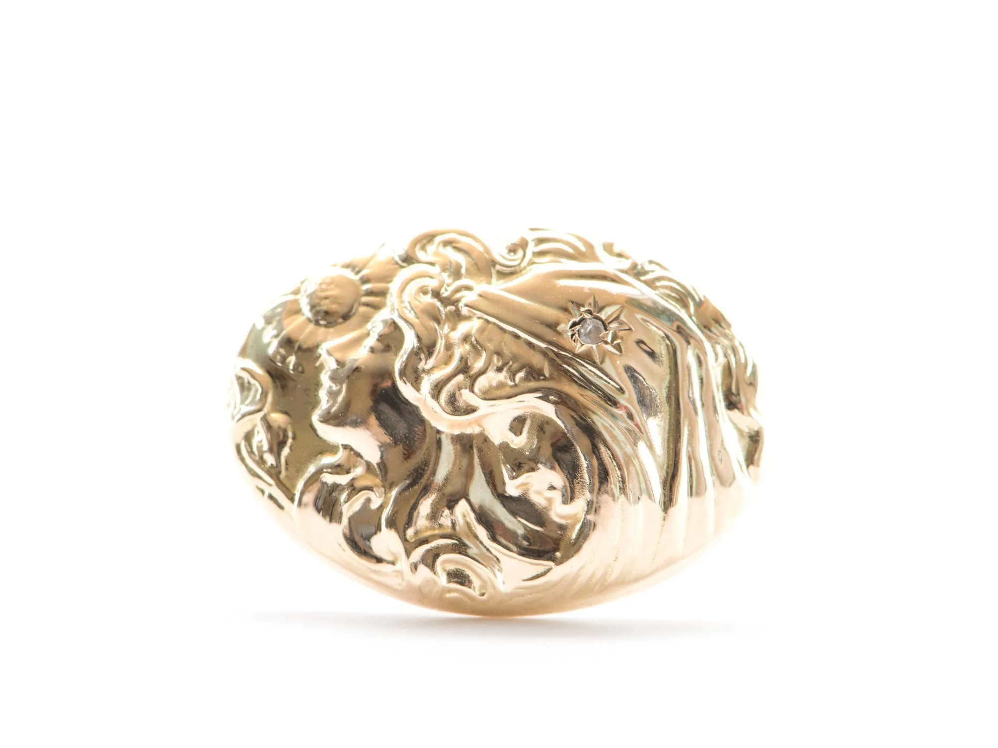 Victorian Art Nouveau Woman Face Diamond Repousse Ring 14K Yellow Gold R6280