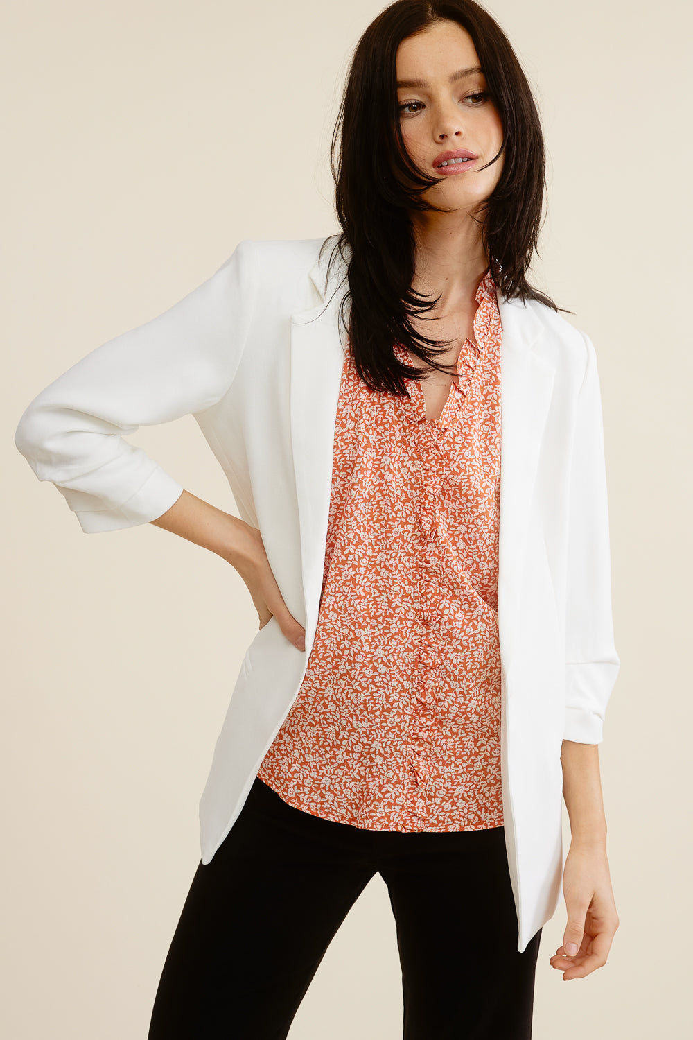 White 3/4 Sleeve Blazer