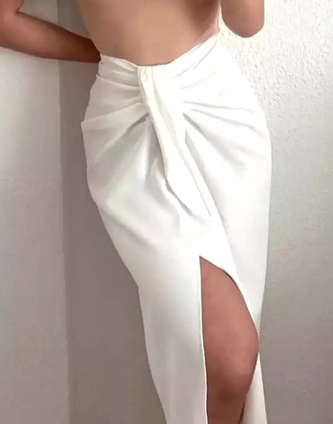 White Ruched Front Midi Skirt