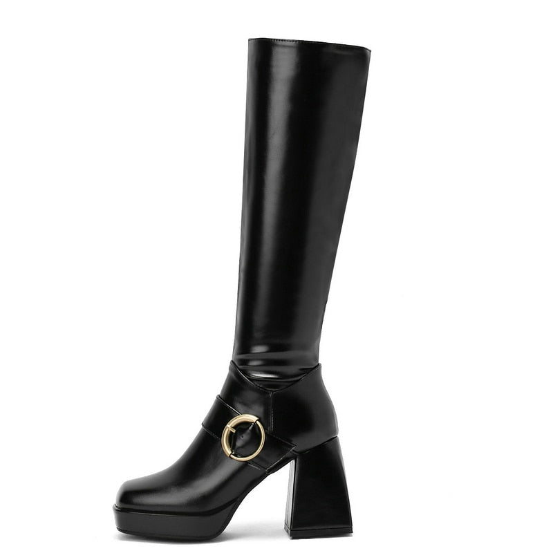 Winter Fashion Women's Chunky Square Heel Knee High Platform Boots