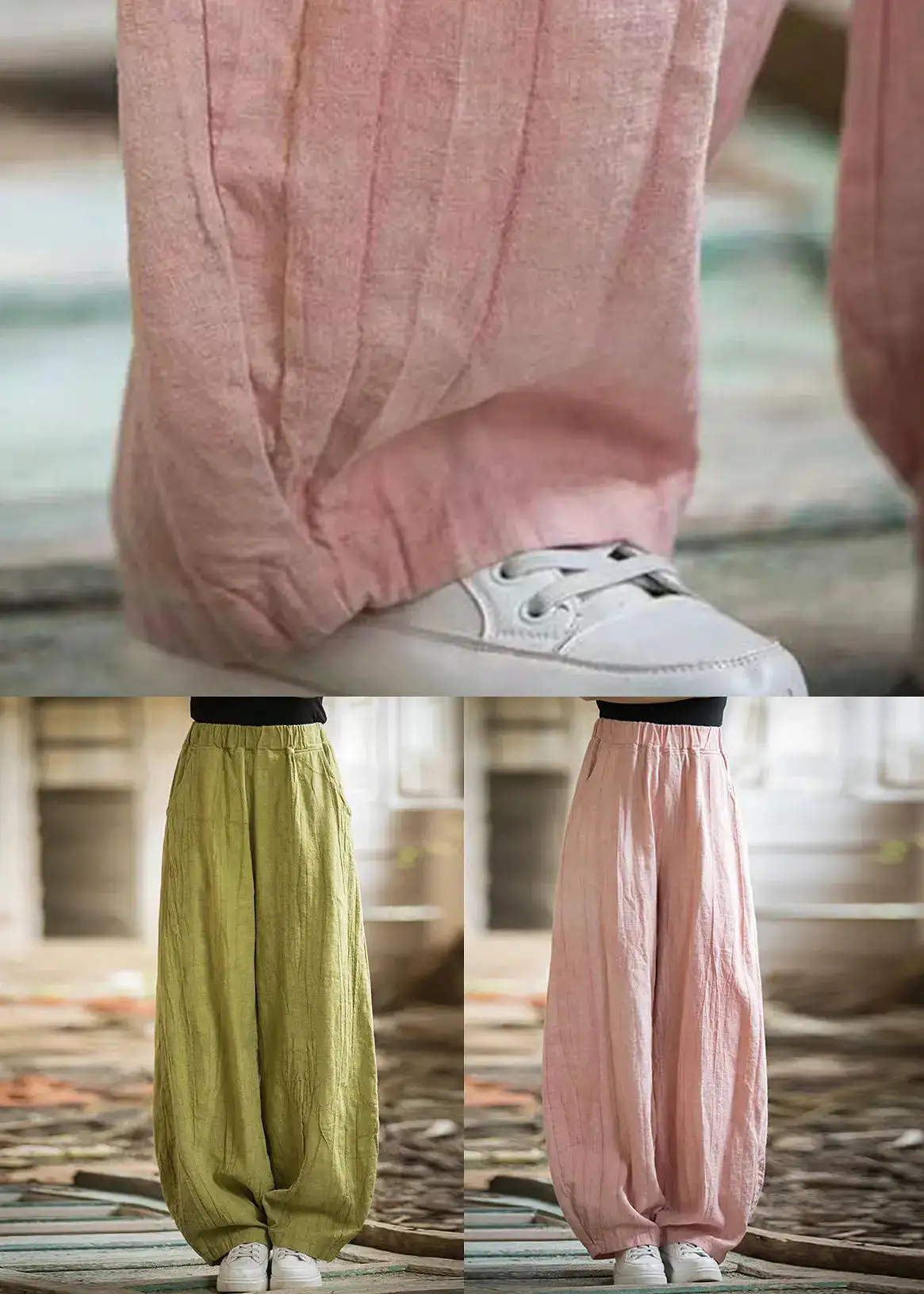 Women Green Pockets Elastic Waist Linen Pants Summer CG1053