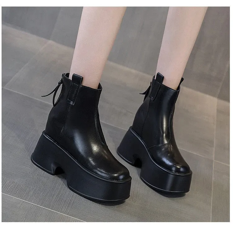 Women's 8cm Genuine Leather Round Toe Motorcycle Ankle Boots