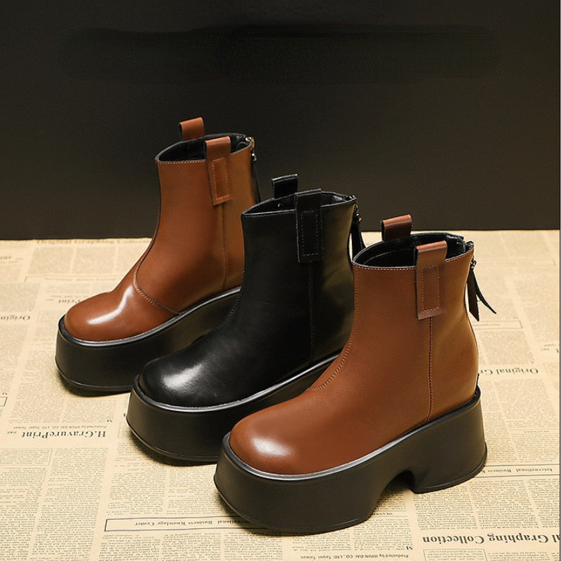 Women's 8cm Genuine Leather Round Toe Motorcycle Ankle Boots