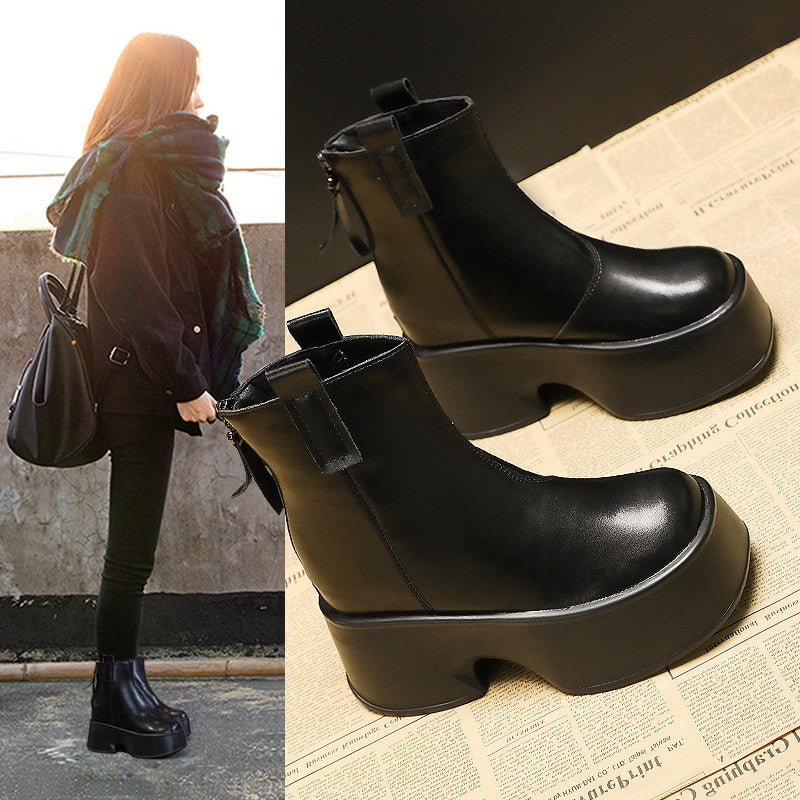 Women's 8cm Genuine Leather Round Toe Motorcycle Ankle Boots