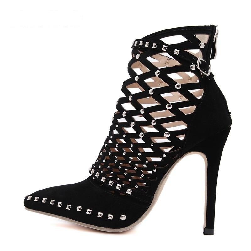 Women's Sexy Summer Studded Rivet Cut Out High Heels Ankle Boots