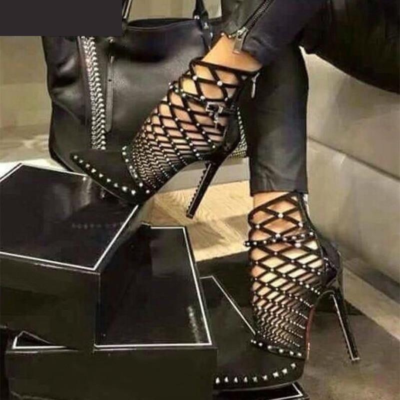 Women's Sexy Summer Studded Rivet Cut Out High Heels Ankle Boots