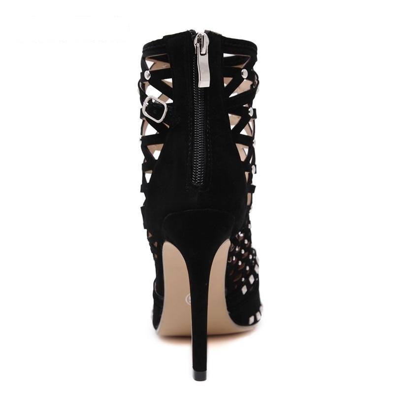 Women's Sexy Summer Studded Rivet Cut Out High Heels Ankle Boots