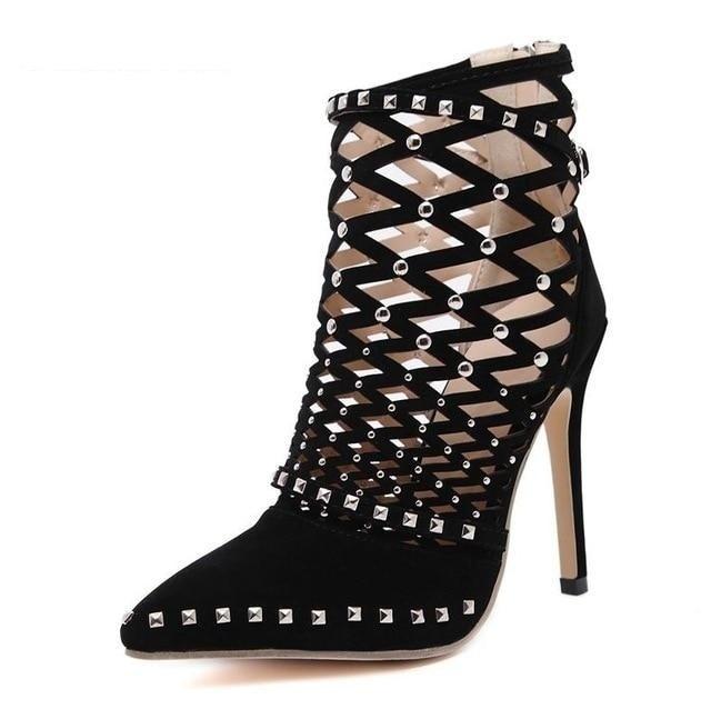 Women's Sexy Summer Studded Rivet Cut Out High Heels Ankle Boots