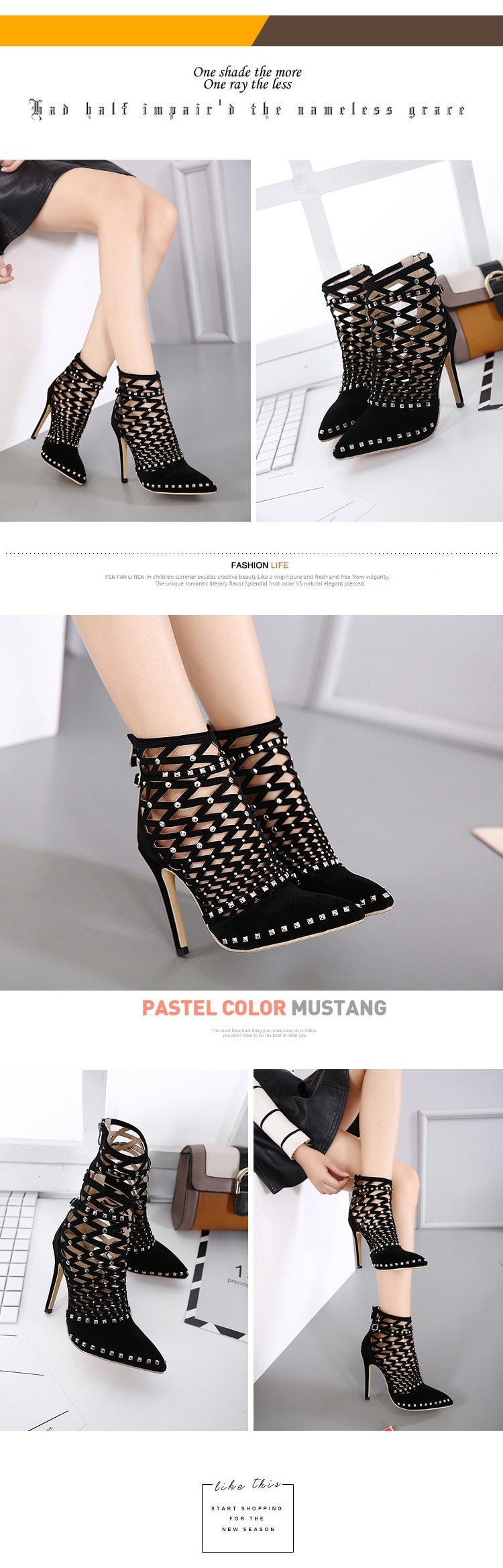 Women's Sexy Summer Studded Rivet Cut Out High Heels Ankle Boots