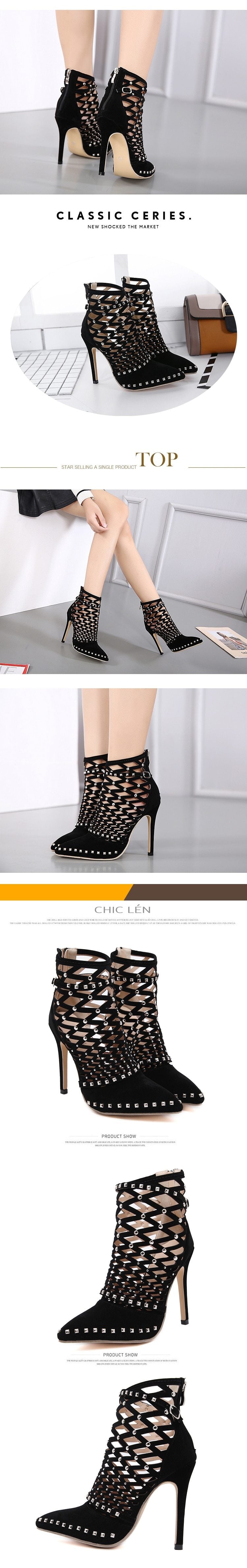 Women's Sexy Summer Studded Rivet Cut Out High Heels Ankle Boots