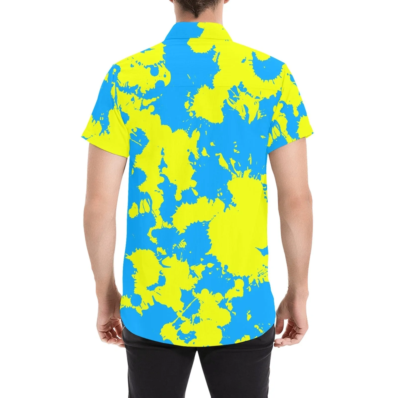 Yellow and Blue Paint Splatter Men's Big & Tall Short Sleeve Button Up Shirt