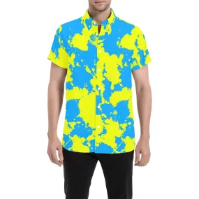 Yellow and Blue Paint Splatter Men's Big & Tall Short Sleeve Button Up Shirt