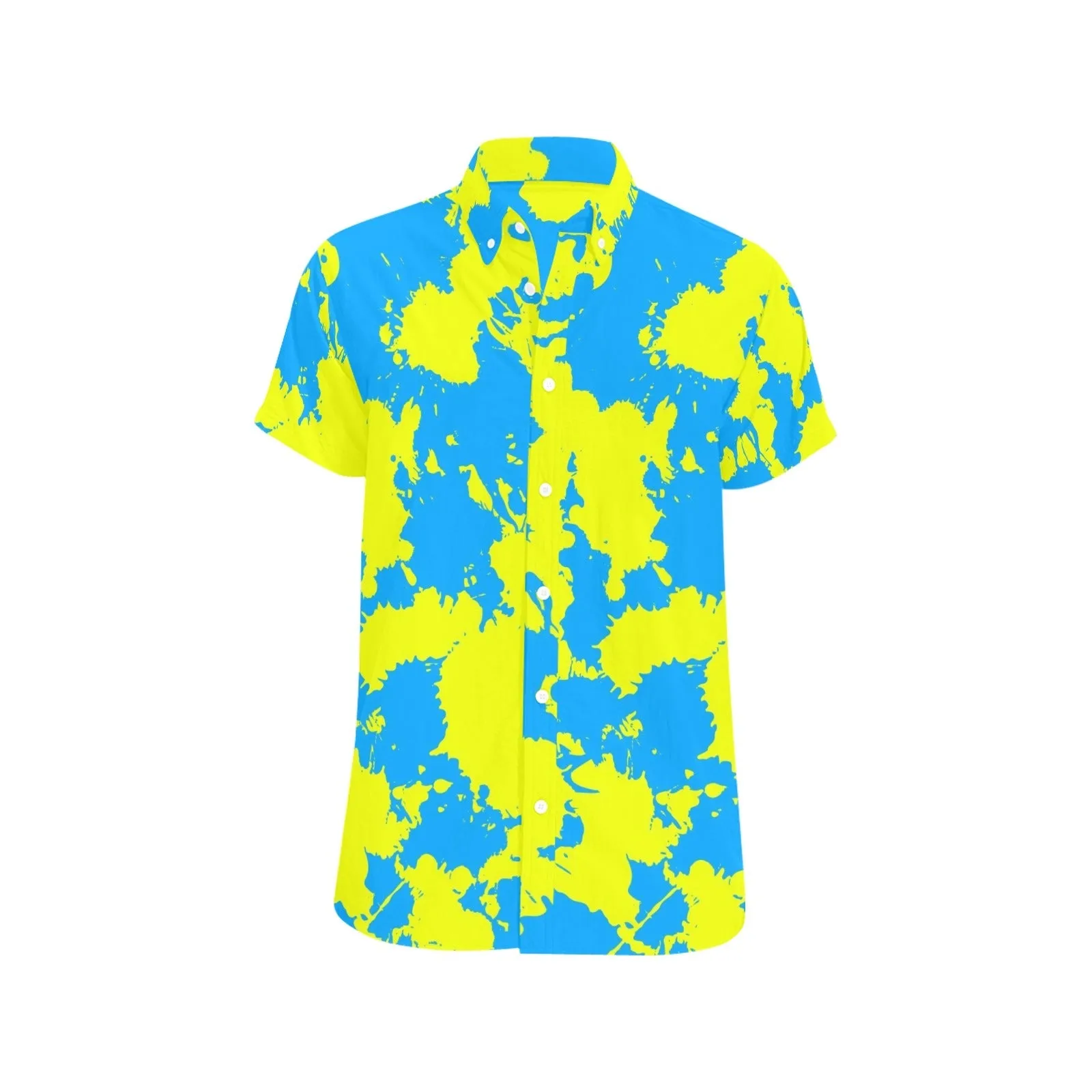 Yellow and Blue Paint Splatter Men's Big & Tall Short Sleeve Button Up Shirt