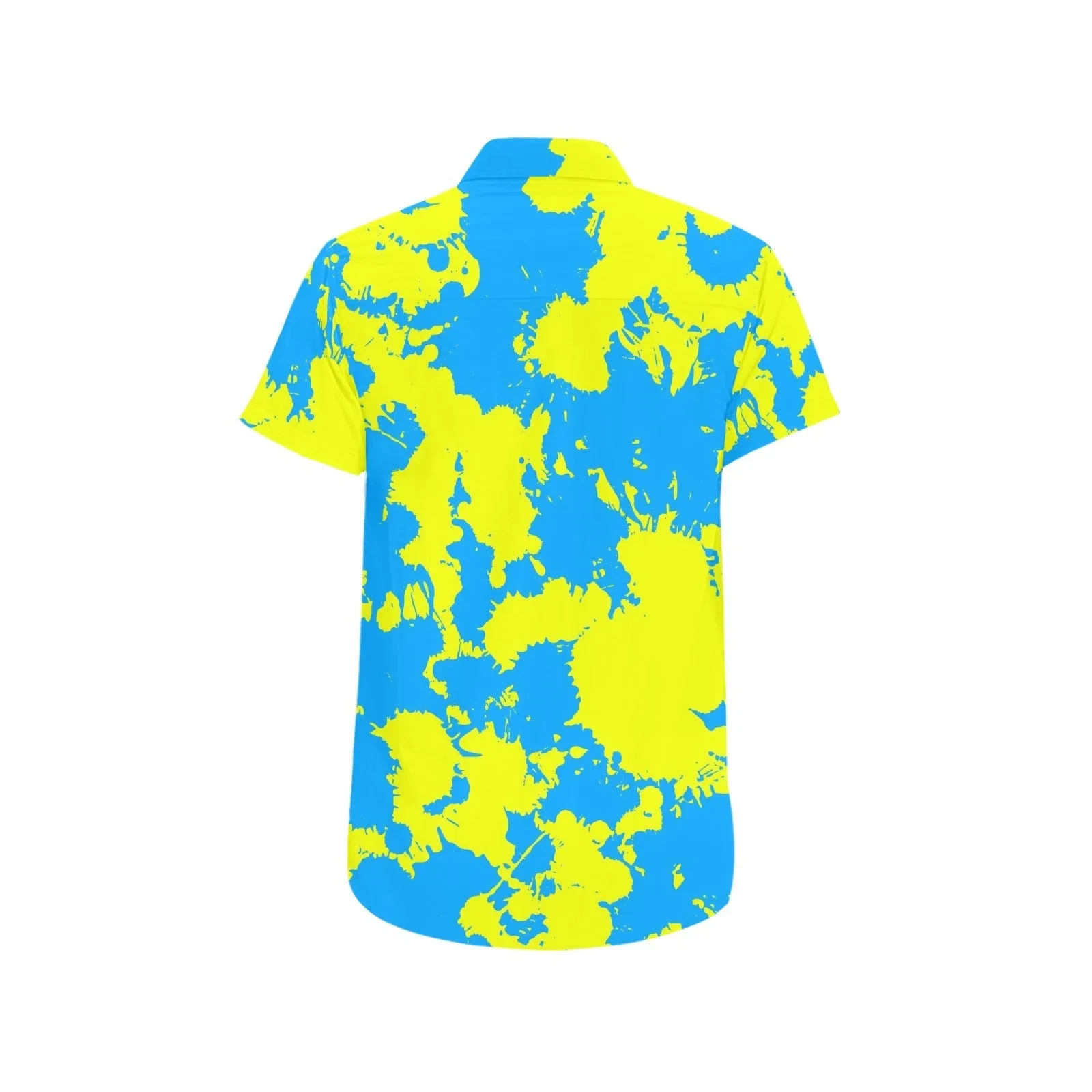 Yellow and Blue Paint Splatter Men's Big & Tall Short Sleeve Button Up Shirt